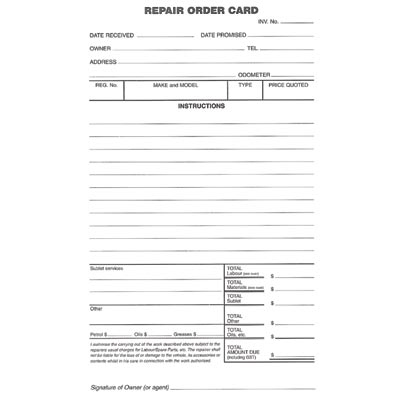 ZIONS REPAIR ORDER CARD | Torstar